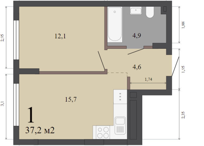 37.30 м² | 1 - 23 эт.