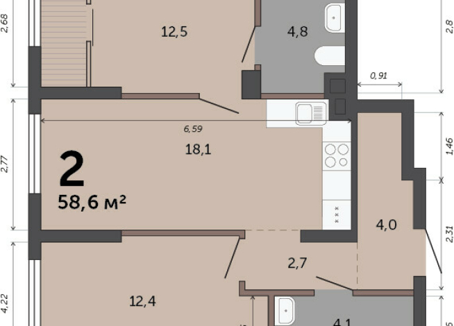 58.60 м² | 2 - 23 эт.