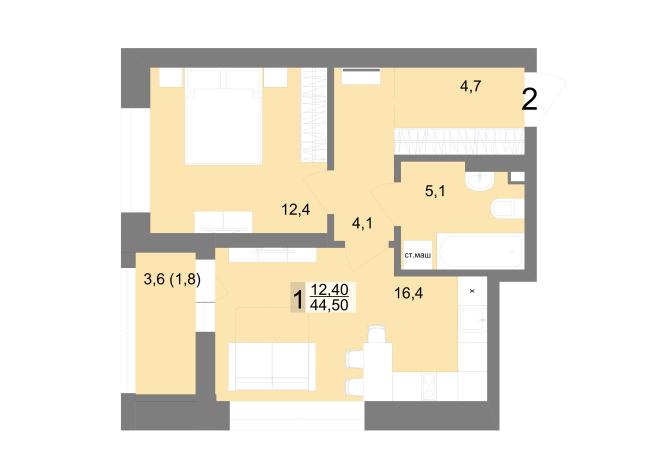 44.50 м² | 2 - 25 эт.
