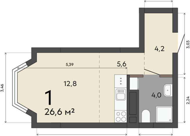 26.60 м² | 2 - 23 эт.