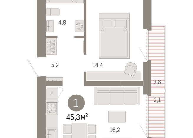 45.00 м² | 7 - 9 эт.