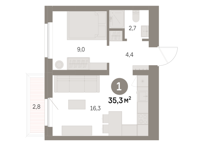 35.00 м² | 7 - 9 эт.