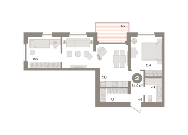 64.00 м² | 16 - 24 эт.