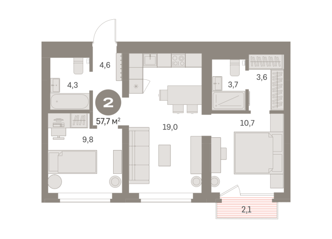 57.00 м² | 7 - 9 эт.