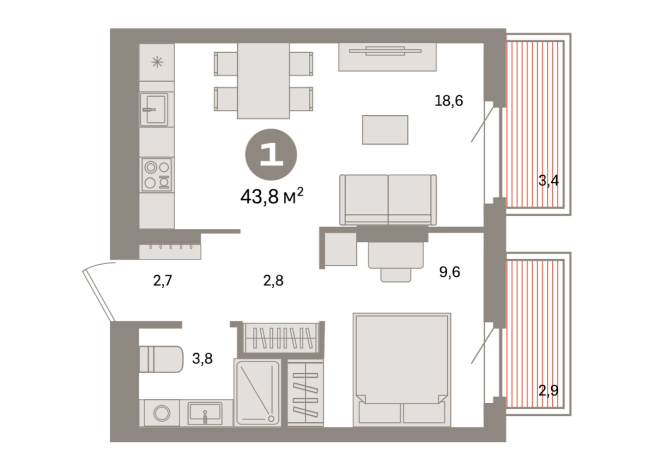 43.00 м² | 7 - 9 эт.