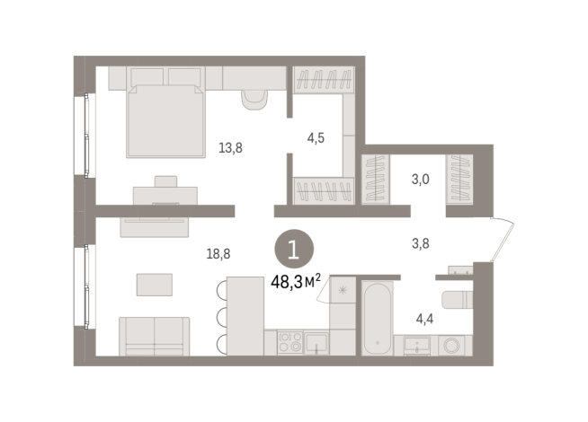 48.00 м² | 13 - 15 эт.