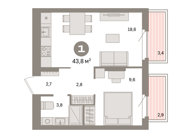 43.00 м² | 4 - 9 эт.