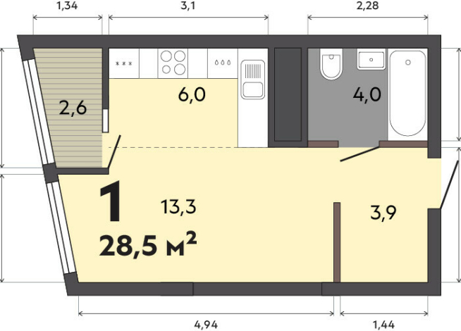 28.50 м² | 14 - 31 эт.