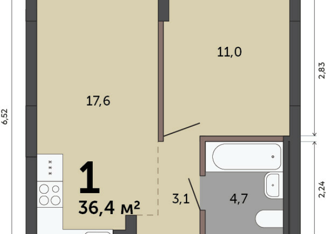 36.40 м² | 1 - 15 эт.