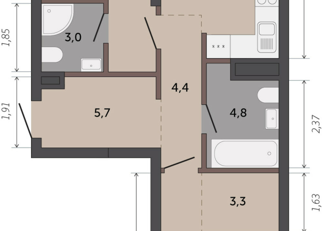 64.80 м² | 5 - 9 эт.