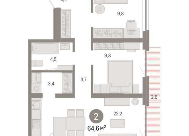 64.00 м² | 7 - 9 эт.