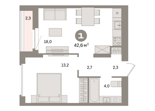 42.00 м² | 15 - 16 эт.