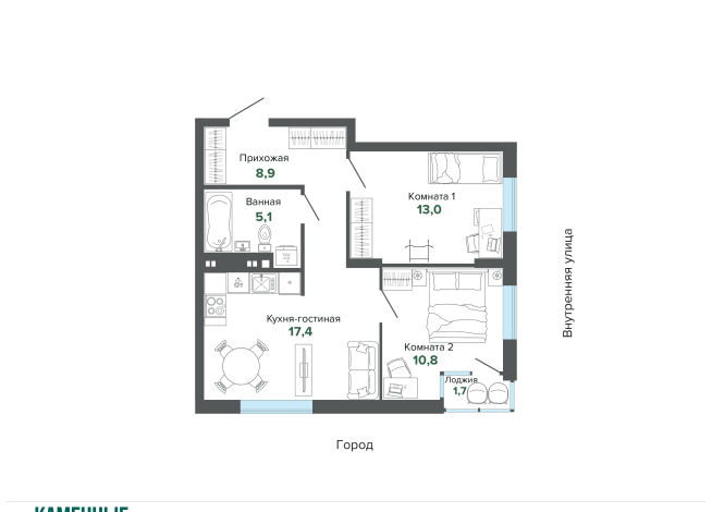 56.83 м² | 2 - 25 эт.