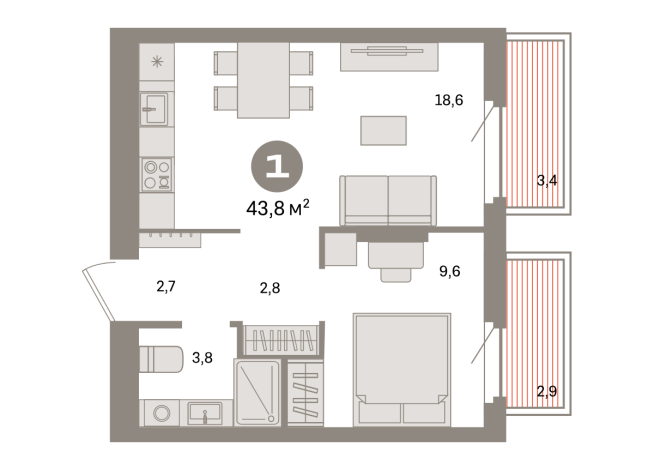 43.00 м² | 6 - 9 эт.