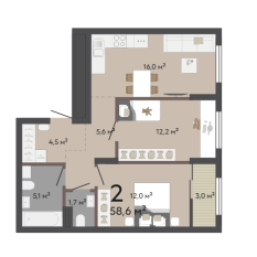 58.60 м² | 9 - 17 эт. 00