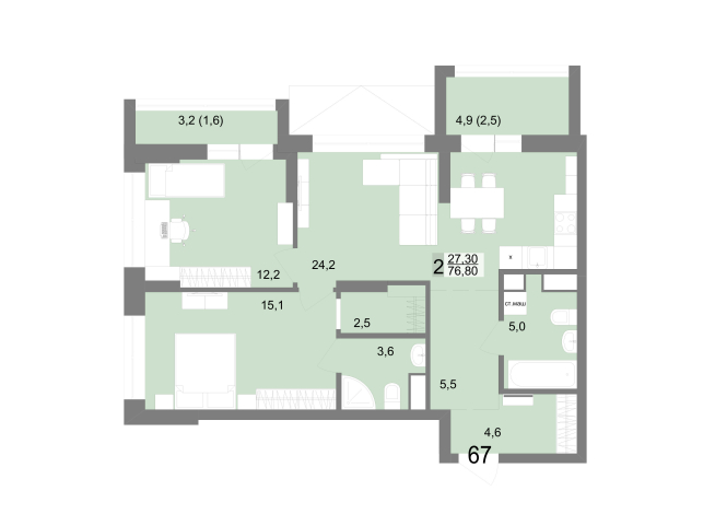 76.80 м² | 12 - 25 эт.