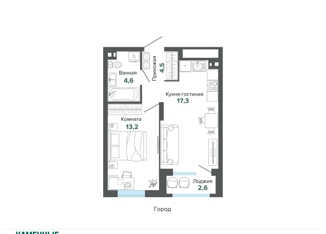 42.14 м² | 2 - 25 эт.