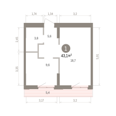 43.00 м² | 4 - 7 эт. 00