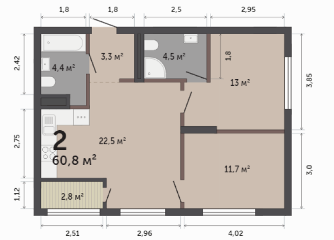 60.80 м² | 2 - 17 эт.