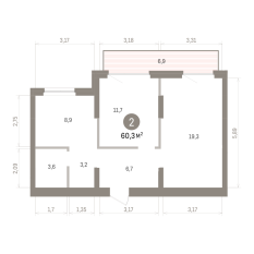 60.00 м² | 2 - 7 эт. 00