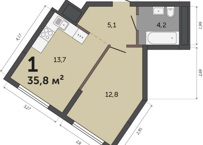 35.80 м² | 18 - 30 эт.