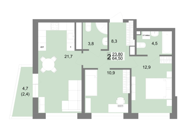 64.50 м² | 23 - 25 эт.