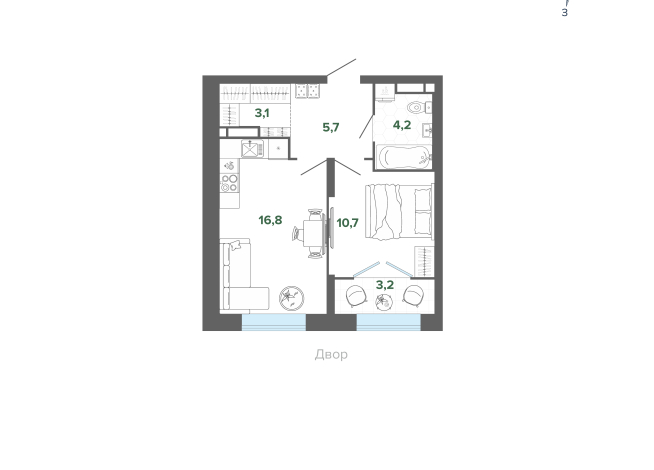43.68 м² | 3 - 25 эт.