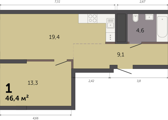 46.40 м² | 24 - 32 эт.