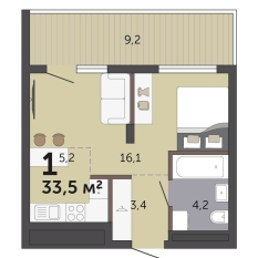 33.50 м² | 9 - 19 эт. 00