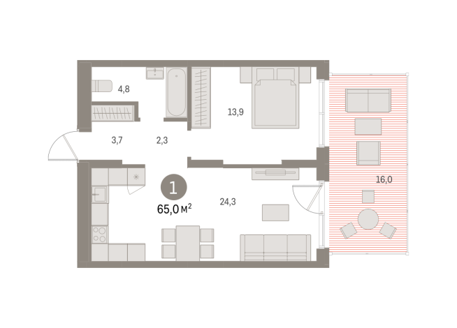 65.00 м² | 1 - 16 эт.