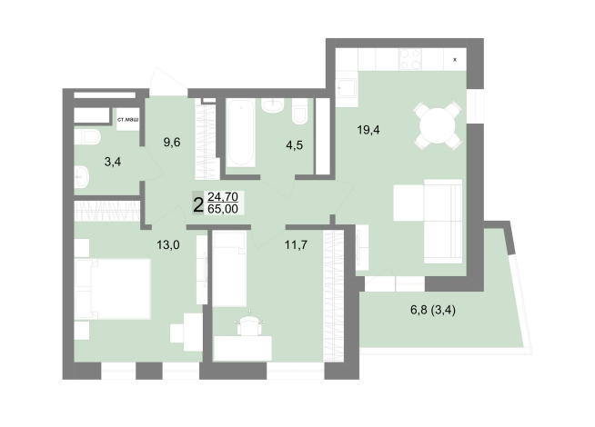 65.00 м² | 23 - 25 эт.