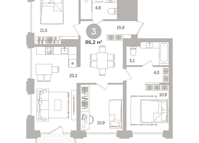 86.00 м² | 4 - 17 эт.