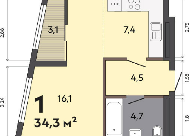 34.30 м² | 12 - 31 эт.