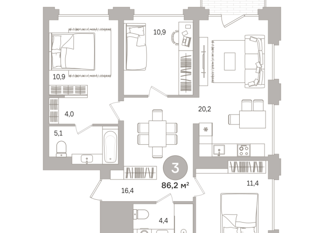 86.00 м² | 15 - 17 эт.