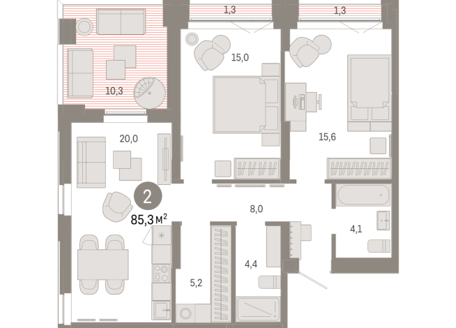 85.00 м² | 15 - 16 эт.