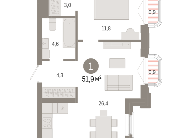 51.00 м² | 6 - 9 эт.