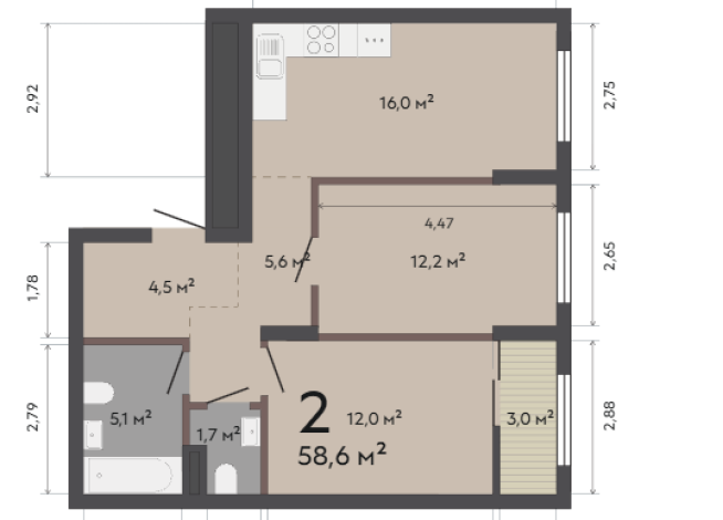 58.60 м² | 9 - 17 эт.