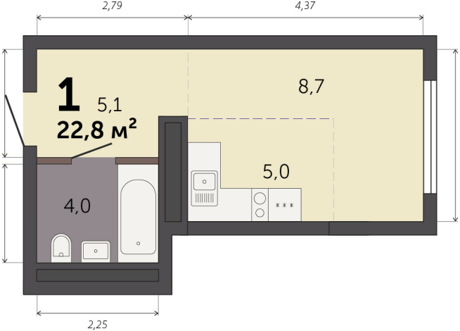 22.80 м² | 22 - 32 эт.