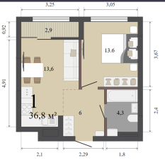36.80 м² | 12 - 12 эт. 00