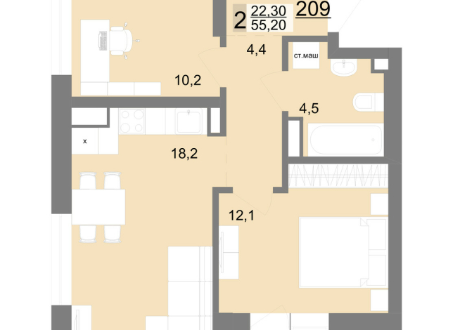 54.80 м² | 25 - 26 эт.