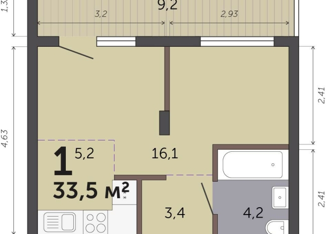 33.50 м² | 9 - 19 эт.