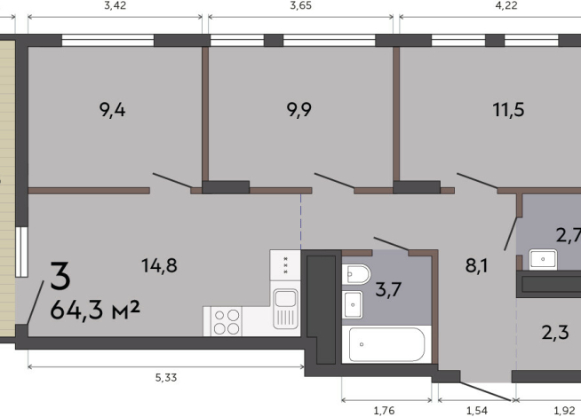 64.30 м² | 3 - 19 эт.