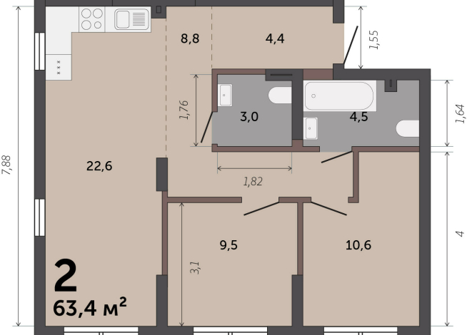 62.90 м² | 1 - 9 эт.