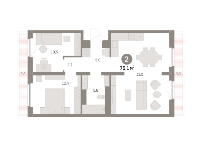 75.00 м² | 7 - 9 эт.