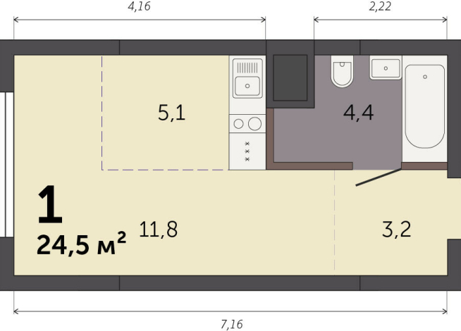 24.50 м² | 2 - 32 эт.