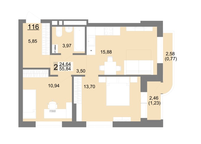 55.84 м² | 18 - 22 эт.