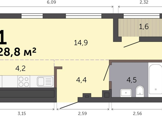 28.80 м² | 19 - 19 эт.