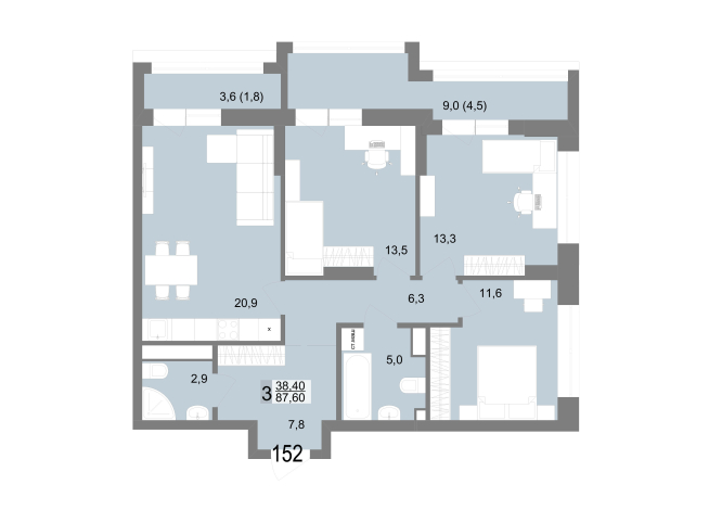 87.60 м² | 24 - 25 эт.