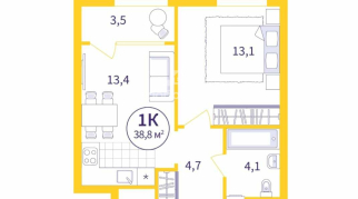 1-к квартира | 37.07 м² | 18 - 25 эт.