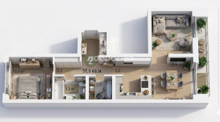 2-к квартира | 54.70 м² | 2 - 9 эт.